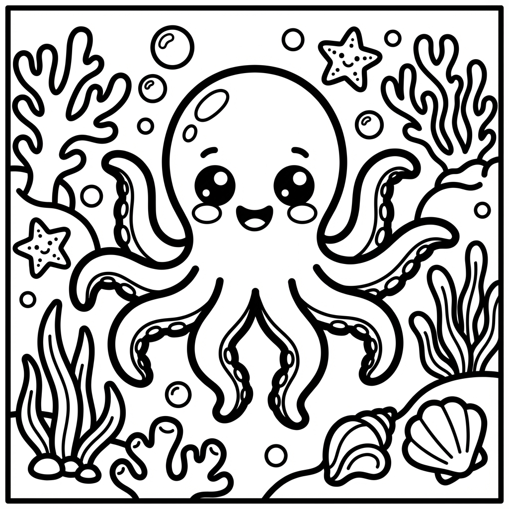 Cute octopus with big eyes, designed as easy bold coloring pages for preschool thick line coloring.